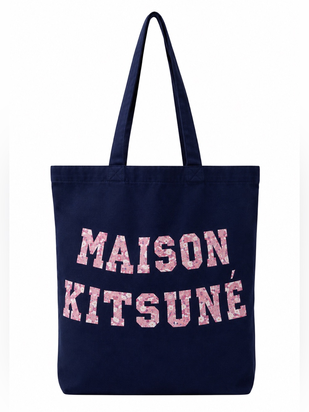 Maison Kitsuné Navy Blue Canvas Tote Bag Pink Floral Logo Large Shopper Carryall